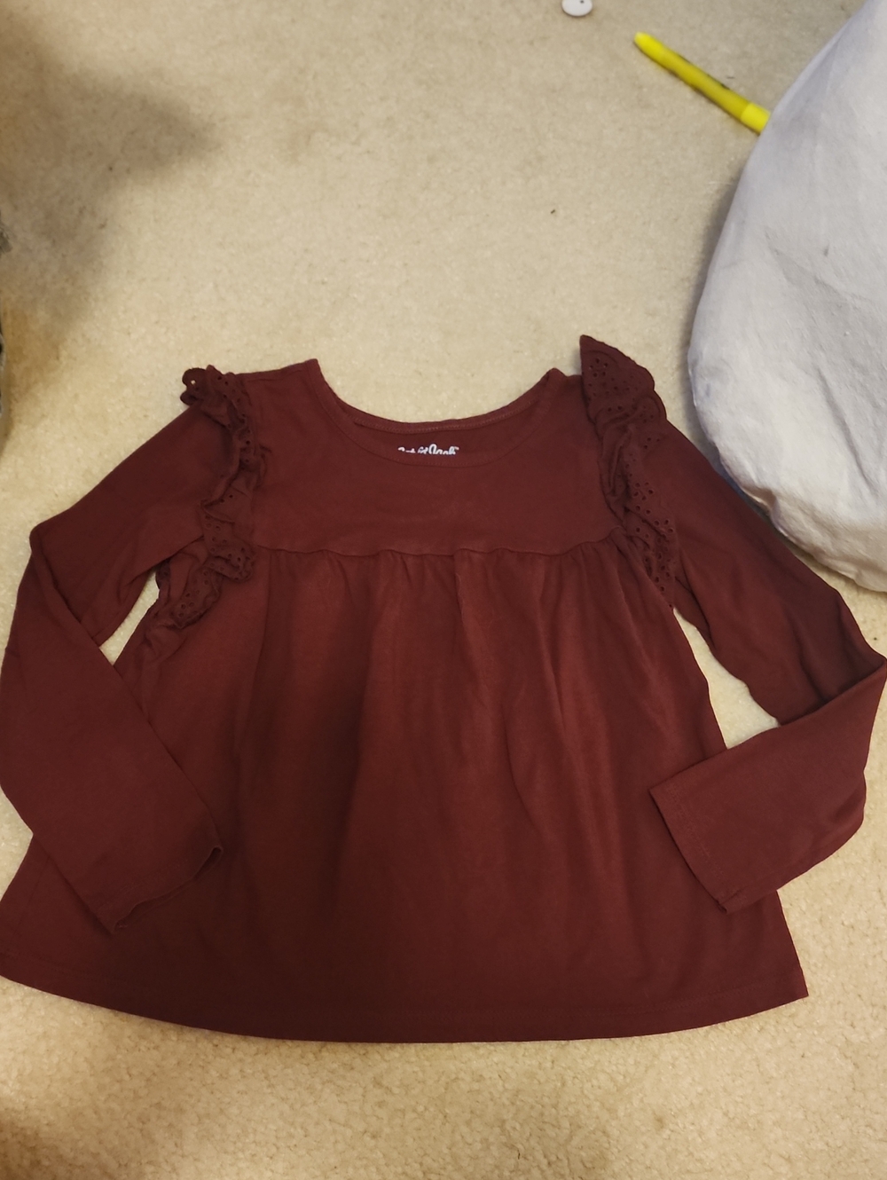 4T Cat & Jack Long Sleeve Ruffle Shoulder Top - Maroon Or Burgundy